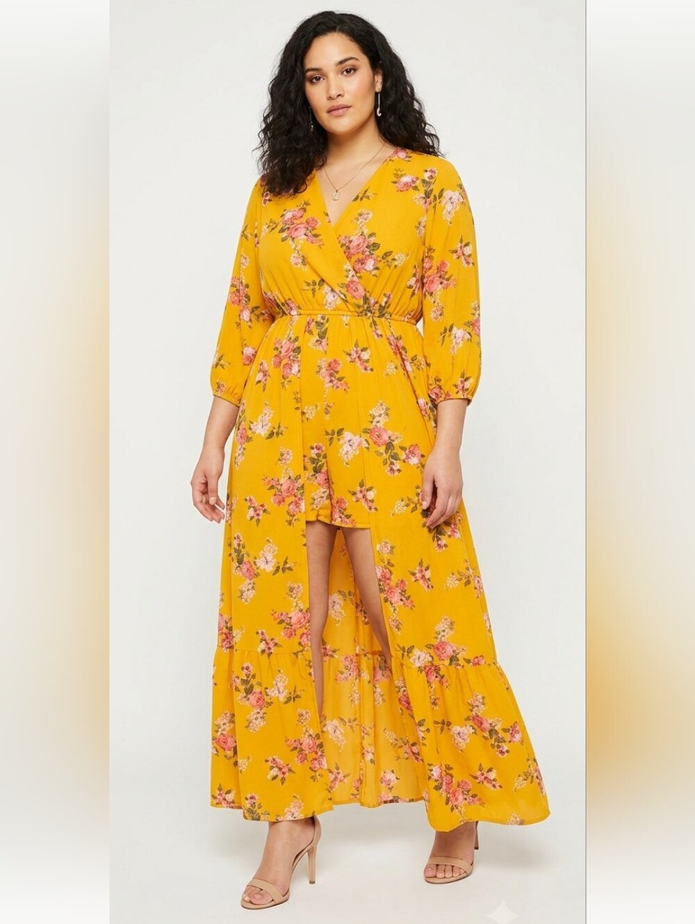 Rue21 Yellow and Pink Floral Jumpsuit Romper Walk Thru Maxi Length